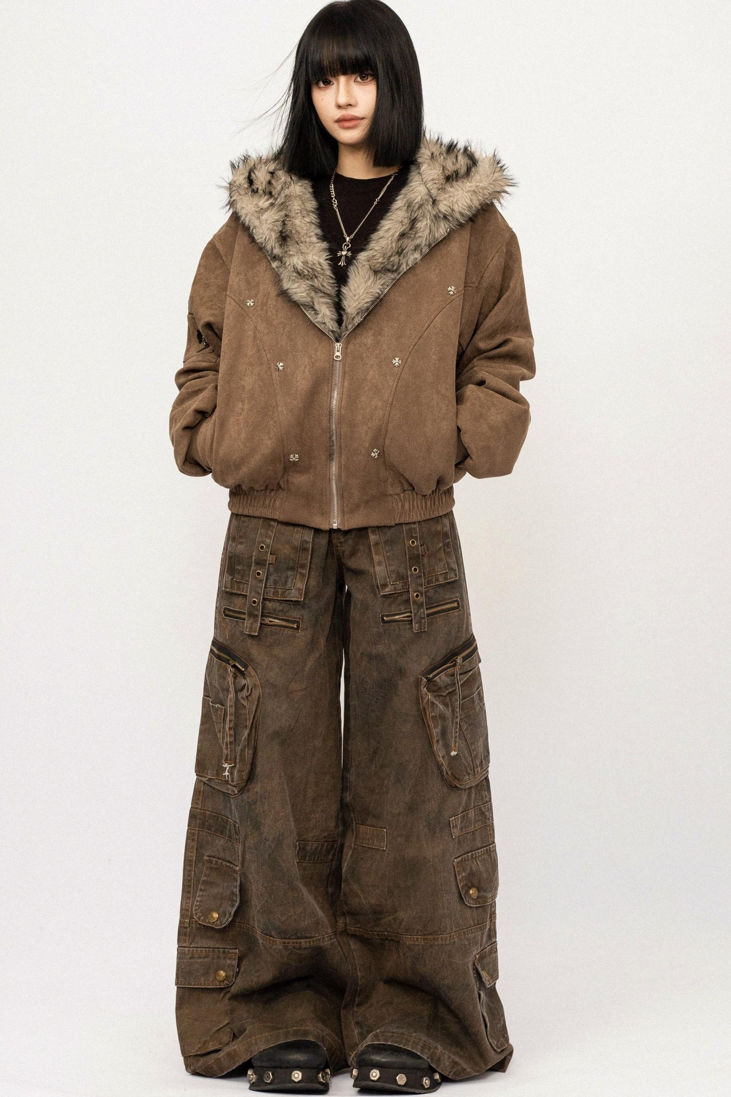 Retro Fur Collar Hooded Jacket