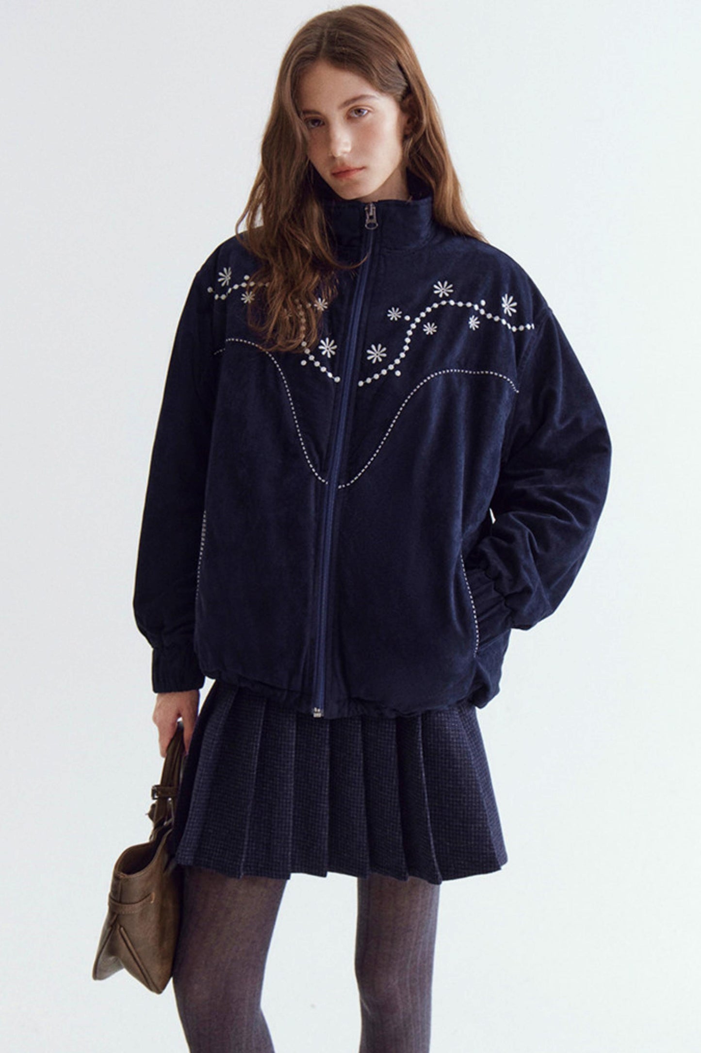 Pearl Daisy Embroidered Suede Jacket