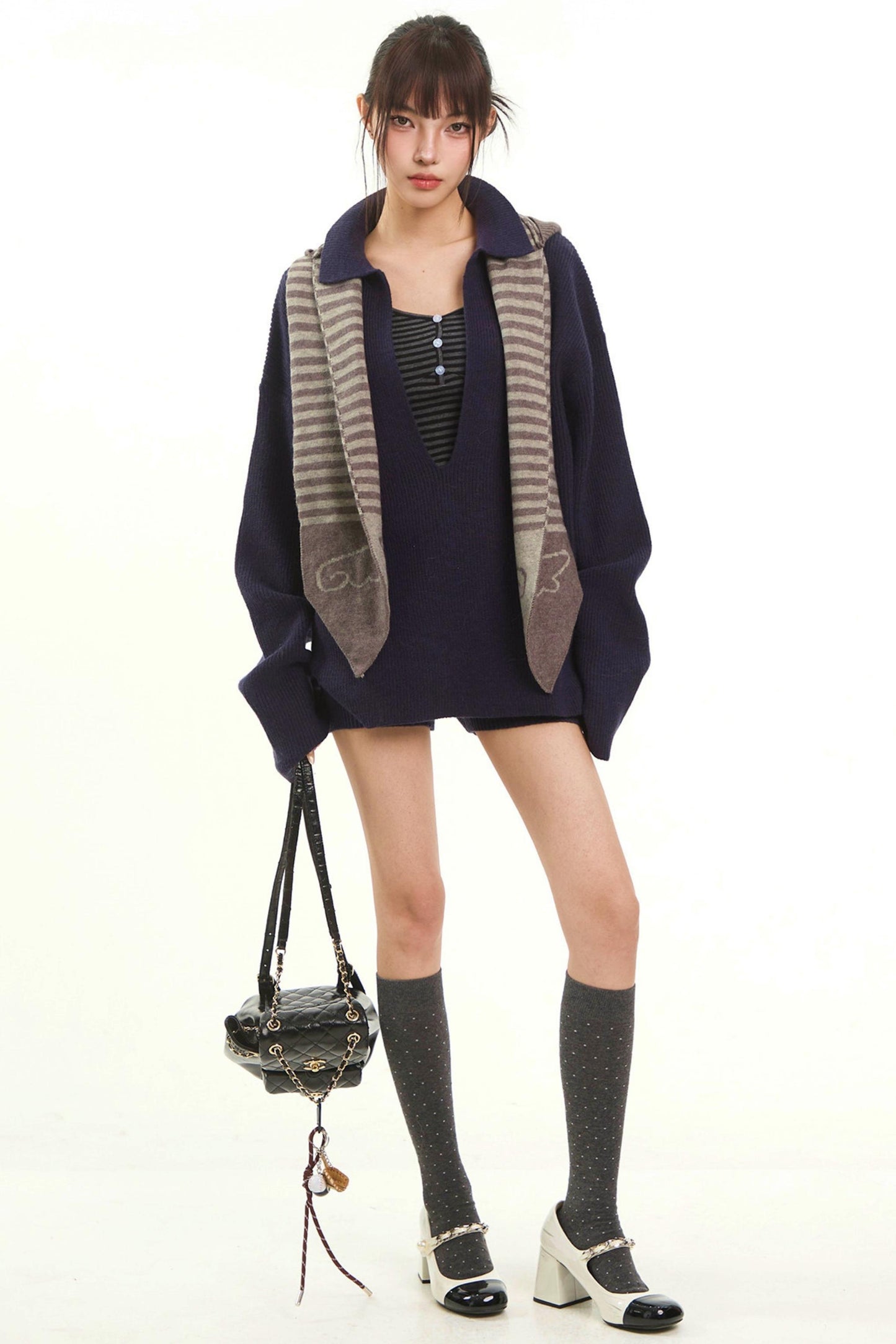 Navy Knitwear Two-Piece Pants Set-Up