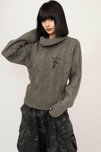 High-Neck Zipper Knit Sweater
