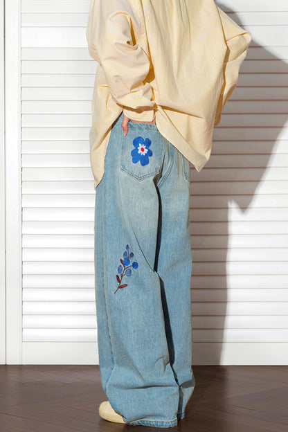 Retro Sunflower Embroidered Wide-Leg Jeans