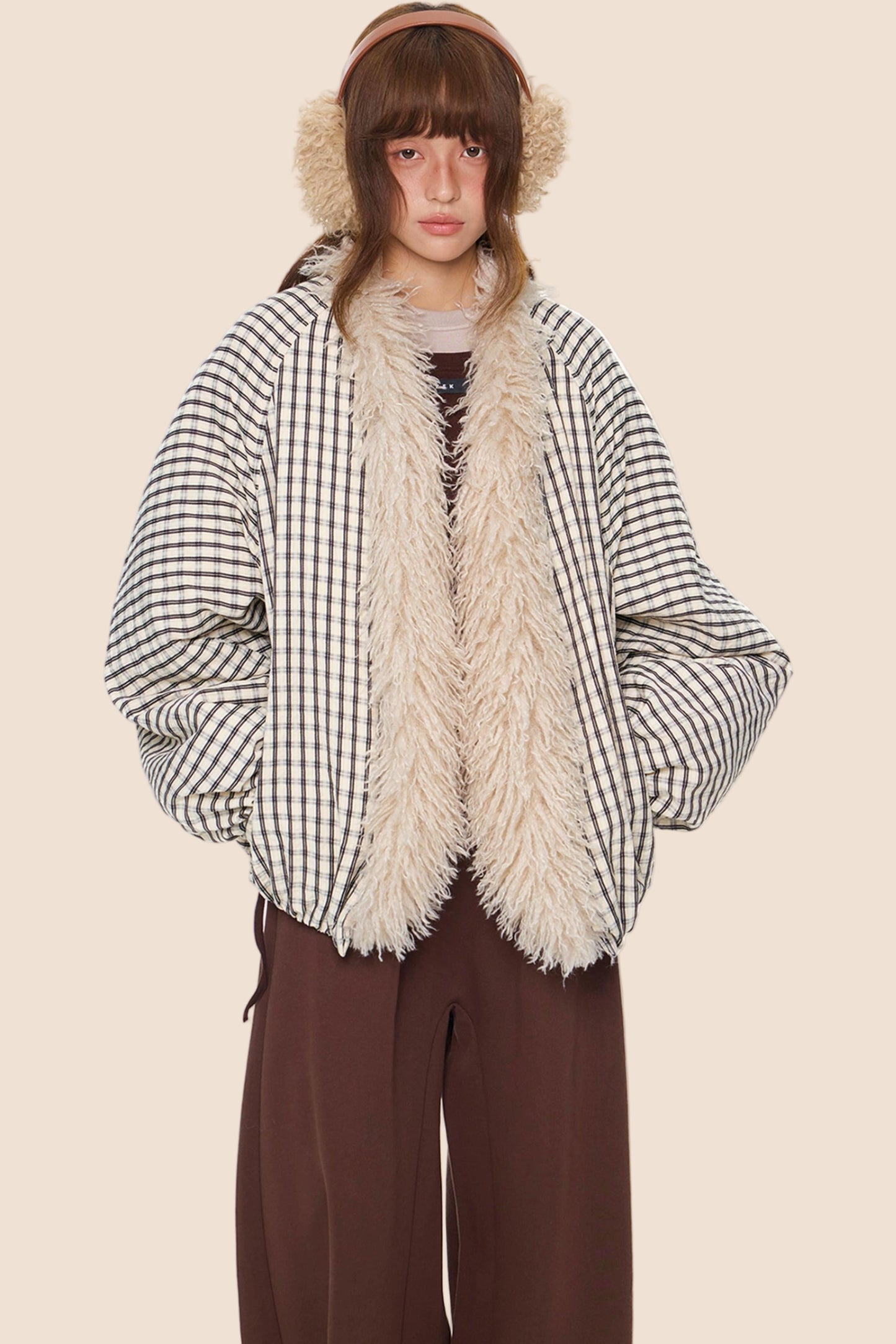 Plaid Fur Collar Jacket