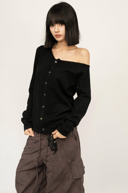 Black Knitted Off-Shoulder Cardigan