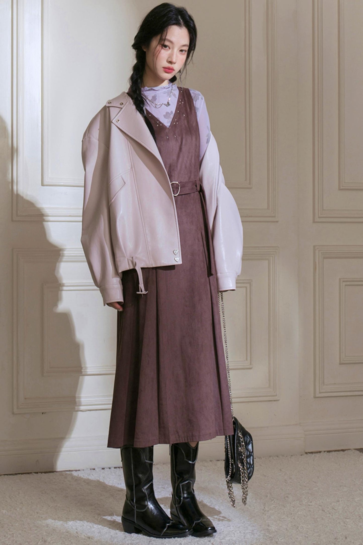 Grey Studded Deerskin Vest Dress