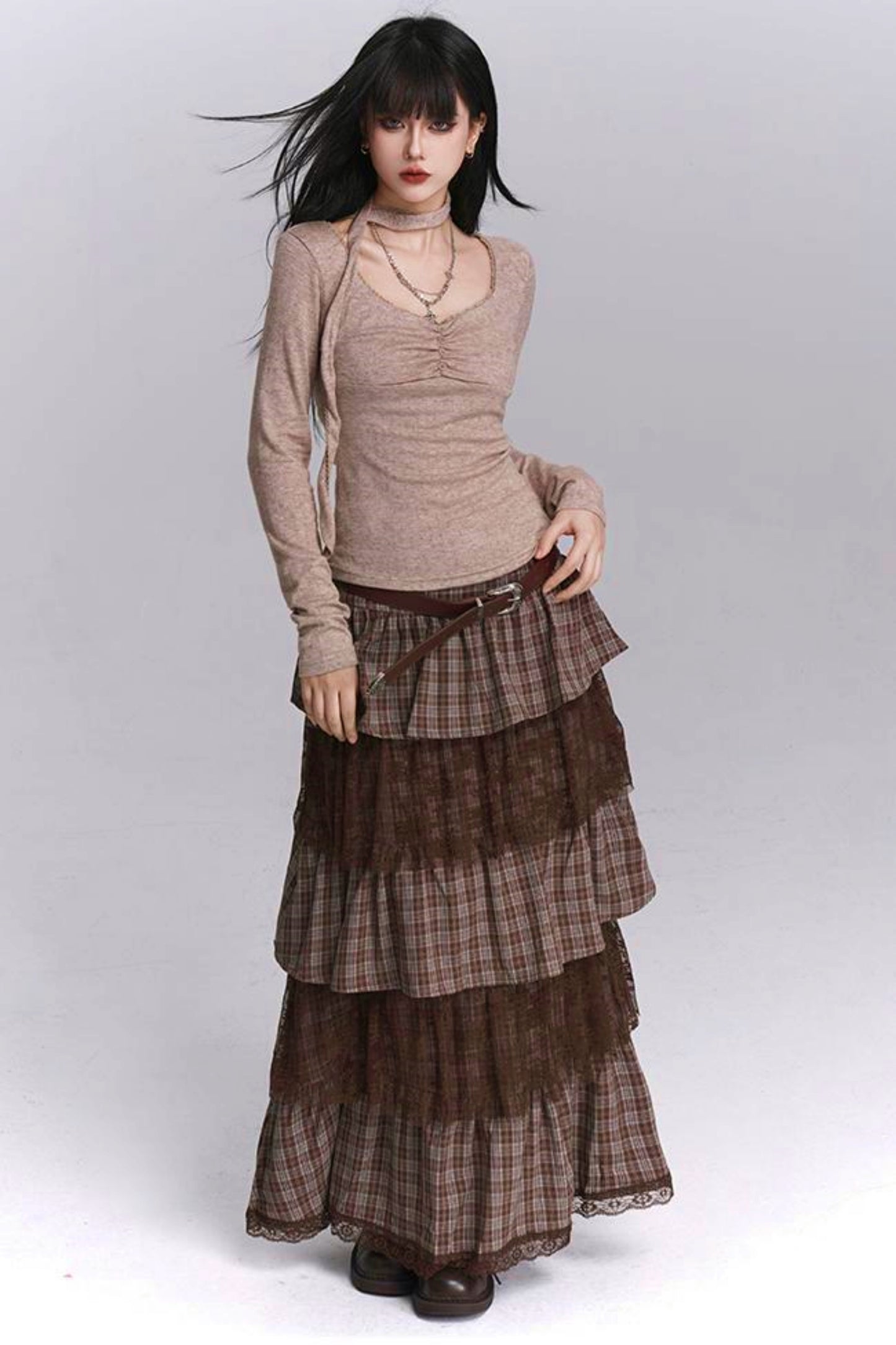 Plaid Tiered Long Skirt