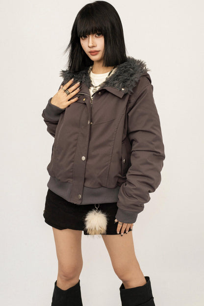 Gray Detachable Fur Collar Parka Coat