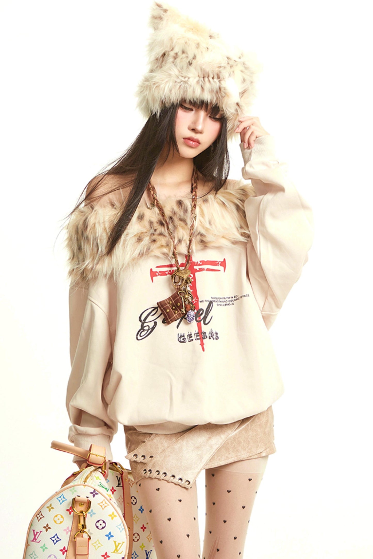 Retro Apricot Fur Collar Sweatshirt