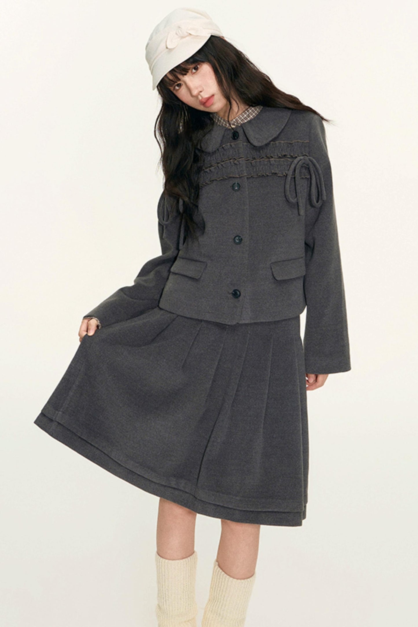 College Ruffle Woolen Suit Skirt Set-Up