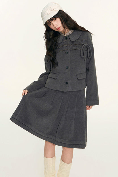 College Ruffle Woolen Suit Skirt Set-Up