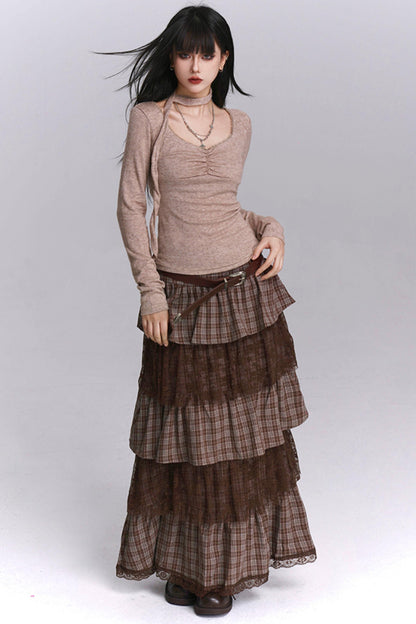 Brown Plaid Cake Skirt