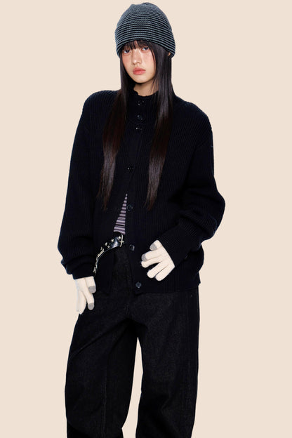 High-Neck Retro Knit Cardigan