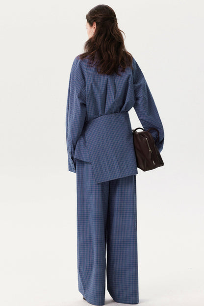 Blue Plaid Long Shirt Trousers Set