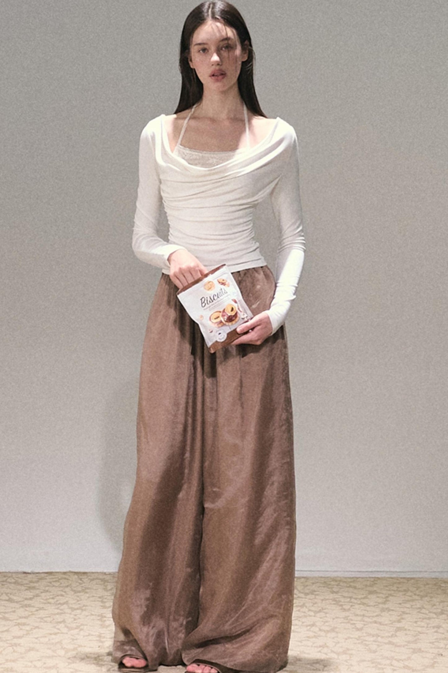 Apricot Wind Satin Wide-Leg Pants