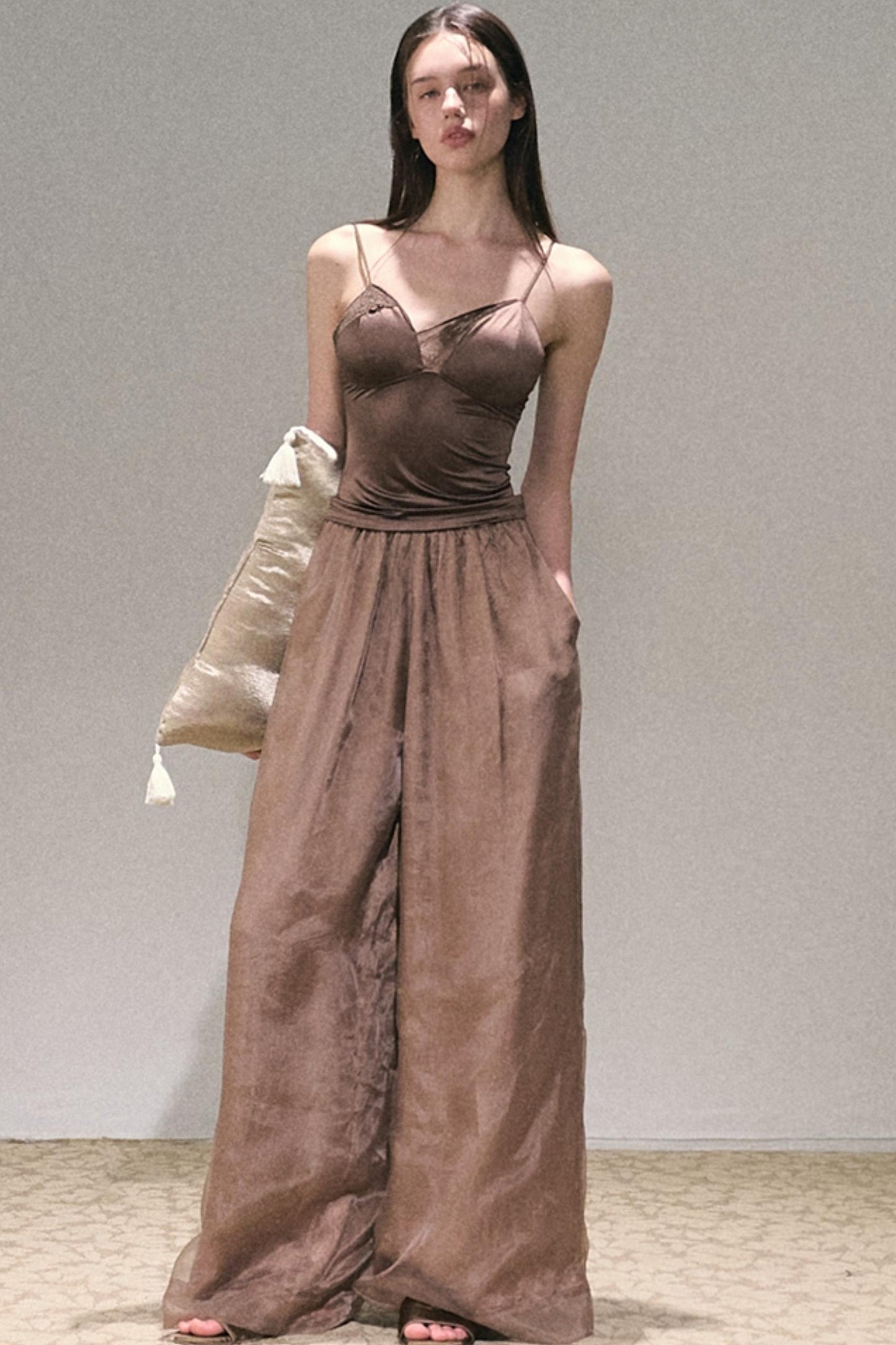 Apricot Wind Satin Wide-Leg Pants