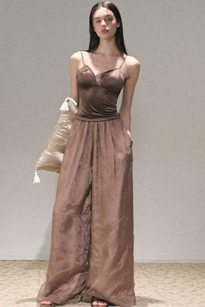 Apricot Wind Satin Wide-Leg Pants