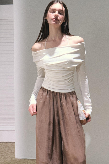Apricot Wind Satin Wide-Leg Pants