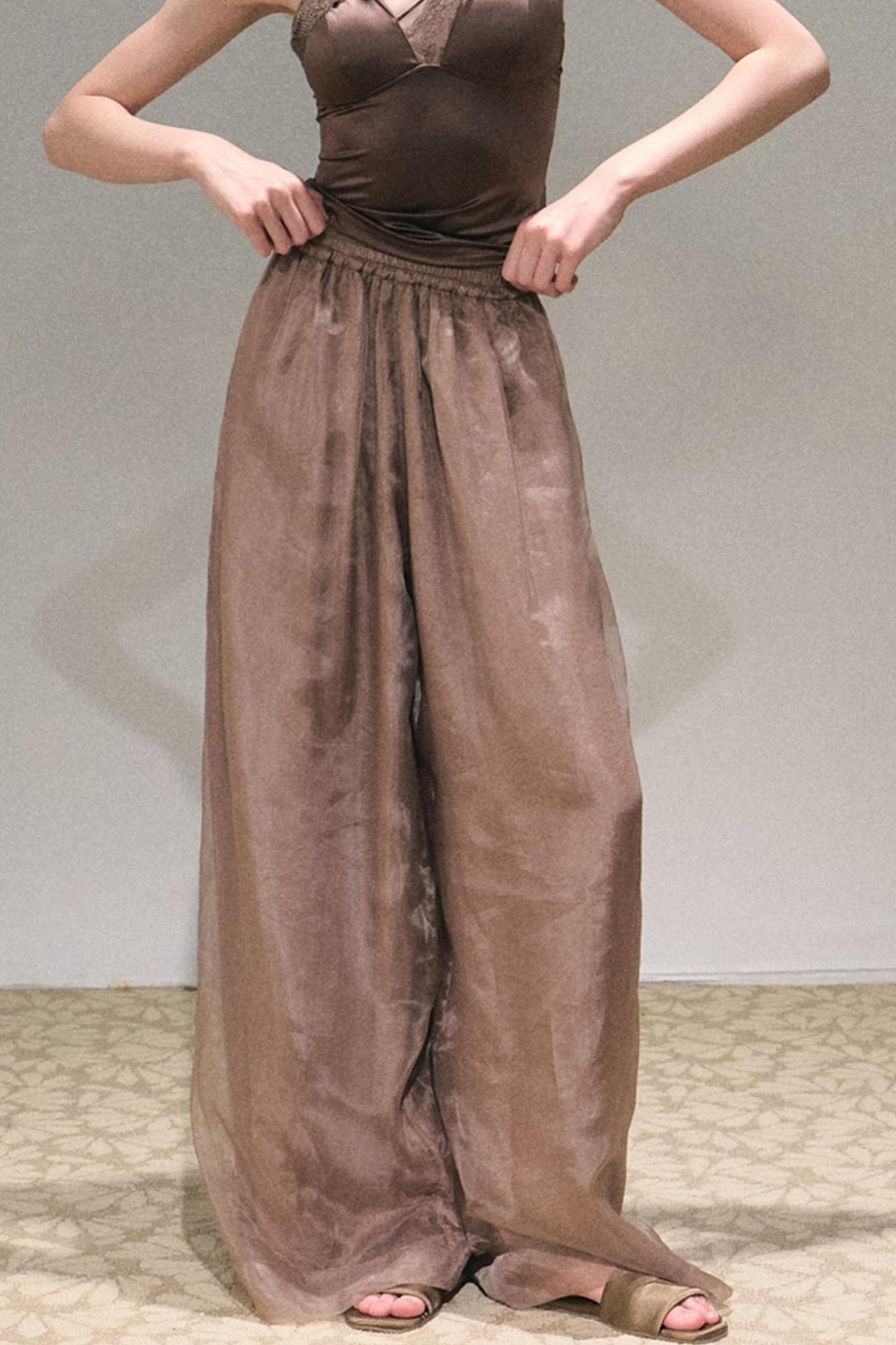 Apricot Wind Satin Wide-Leg Pants