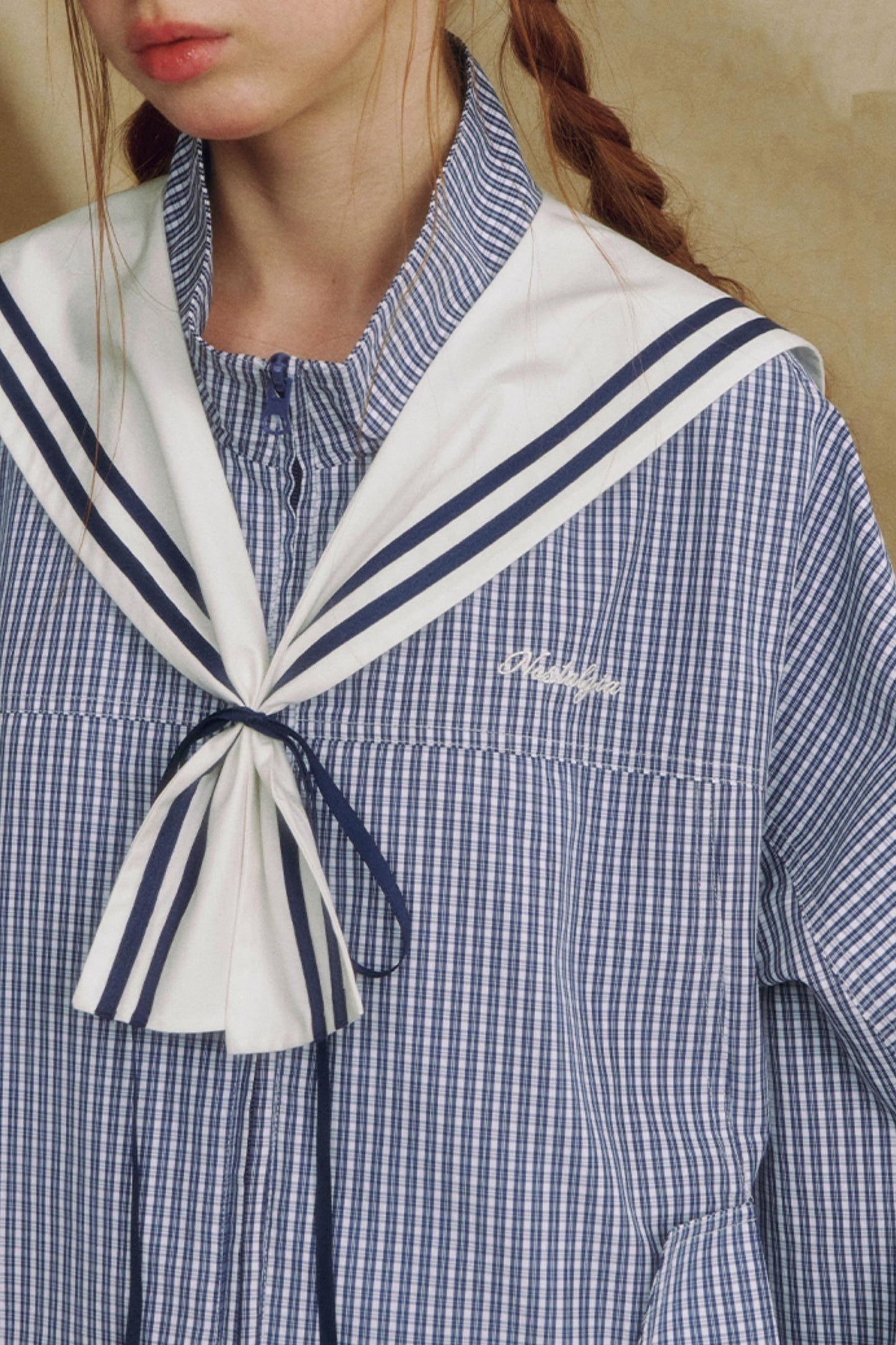 Navy Collar Plaid Jacket Set-Up