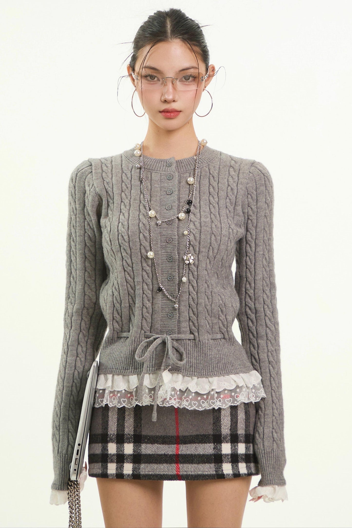 Gray Twist Lace-Edged Cardigan