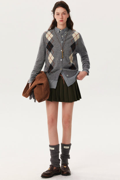 Wool Argyle Knit Cardigan Shirt Set-Up