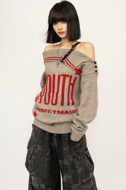 Retro Off-Shoulder Knit Cardigan