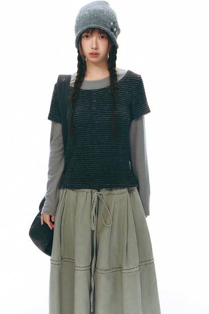 Brushed Stripe Round Neck Long Sleeve Top