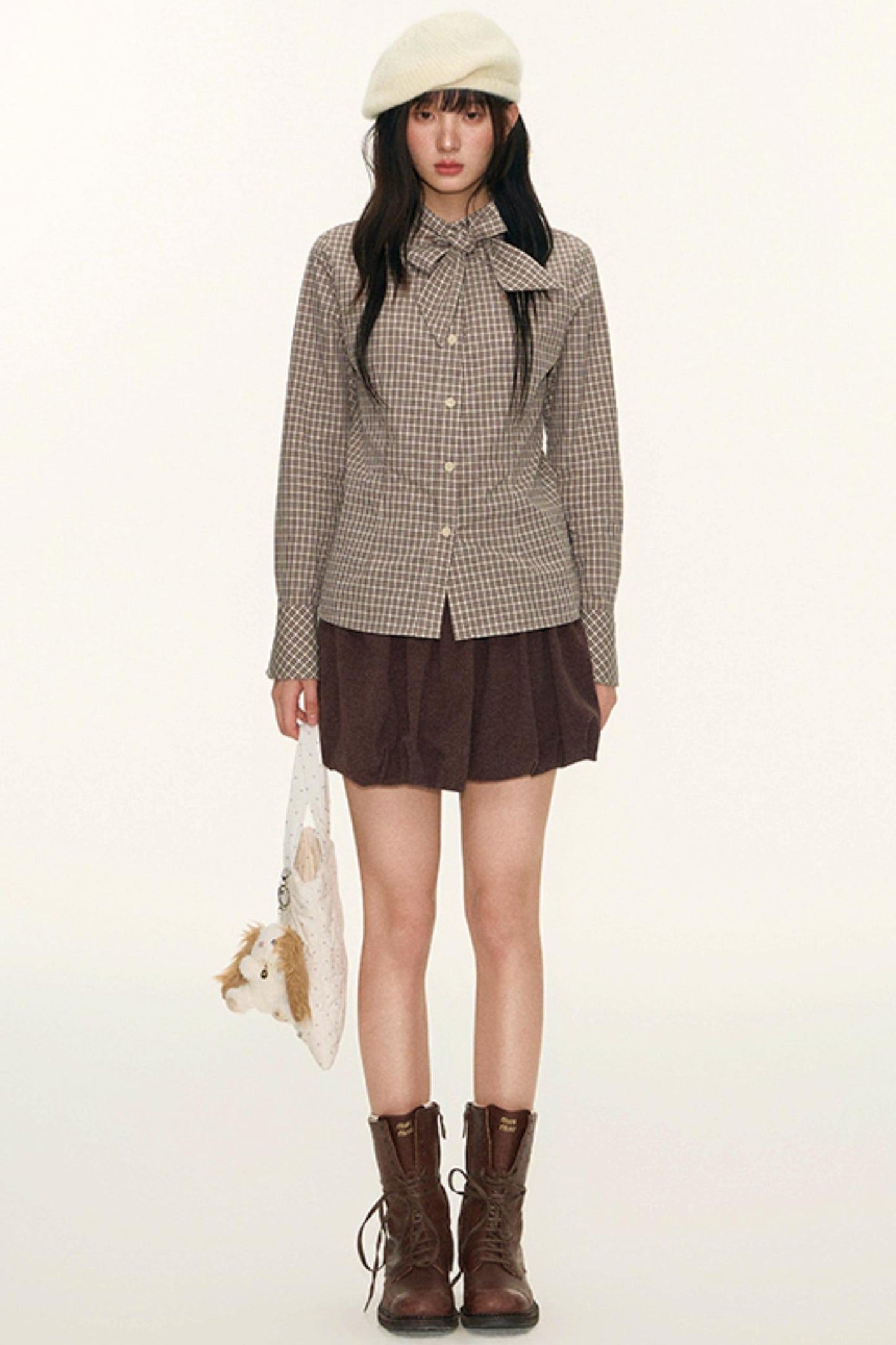 Original Plaid Embroidered Lace-Up Long Sleeve Shirt