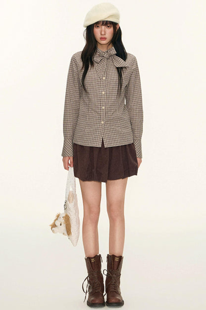 Original Plaid Embroidered Lace-Up Long Sleeve Shirt