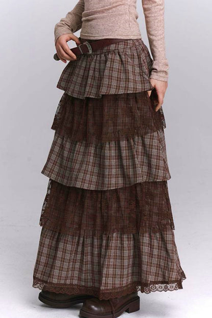 Plaid Tiered Long Skirt