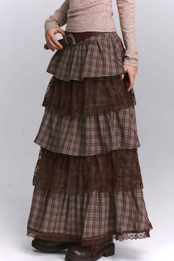 Plaid Tiered Long Skirt