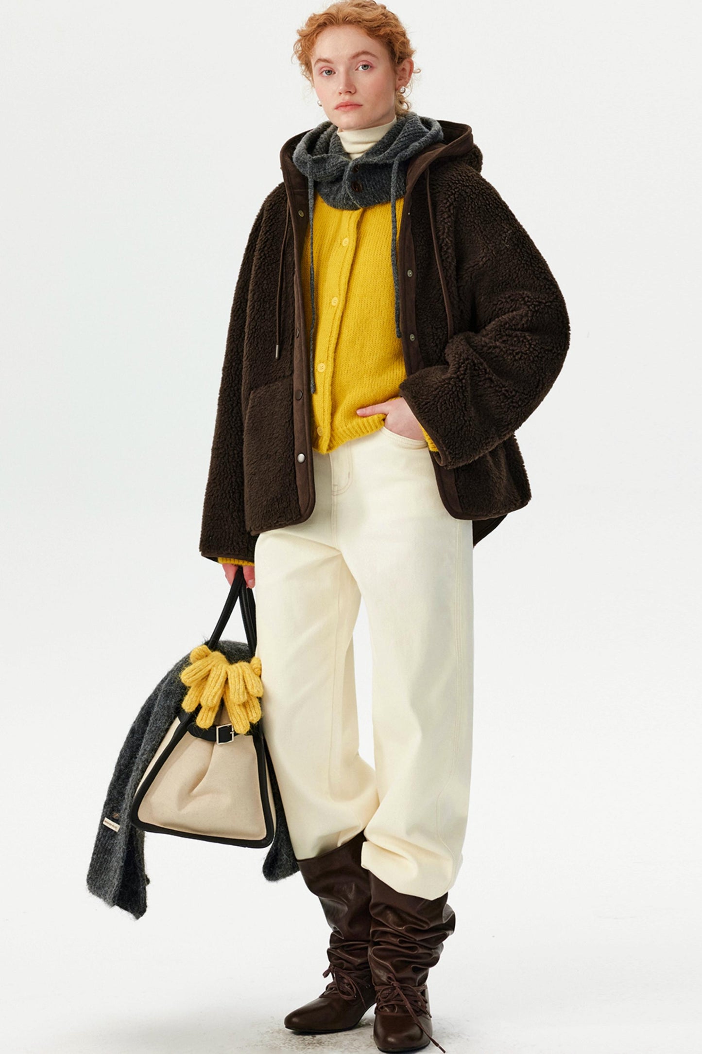 Brown Retro Lamb Wool Hooded Jacket