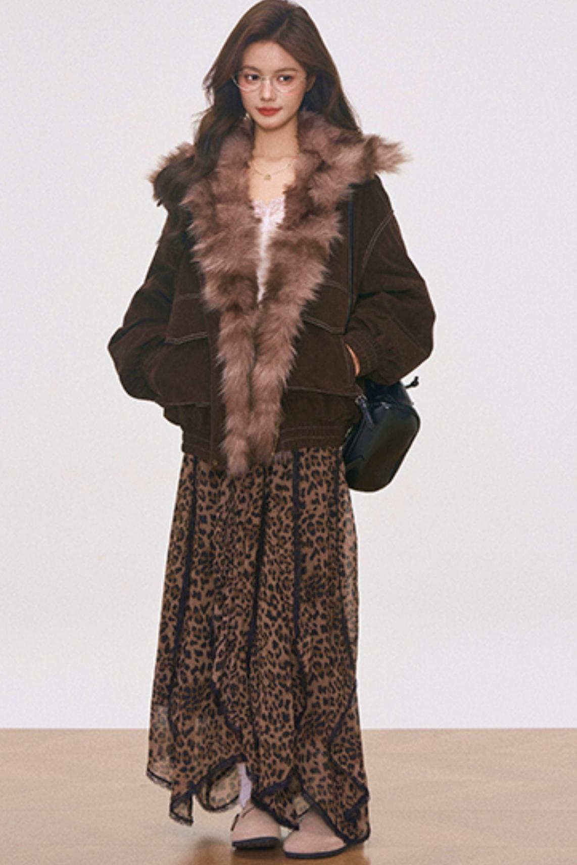 Brown Suede Fur Jacket and Leopard Skirt Set-Up