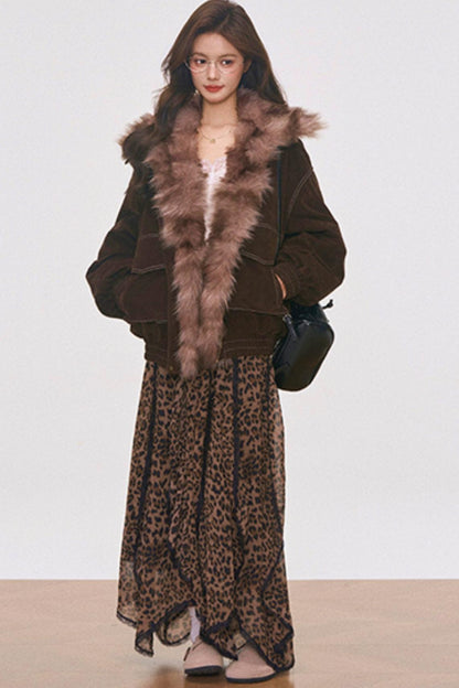 Brown Suede Fur Jacket and Leopard Skirt Set-Up