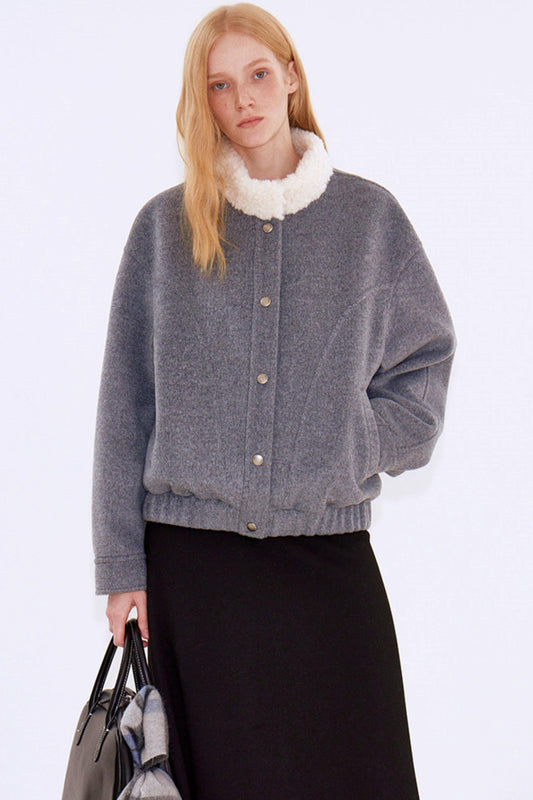 Oatmeal Wool Fur Collar Jacket