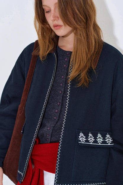 Retro Embroidered Color-Block Jacket