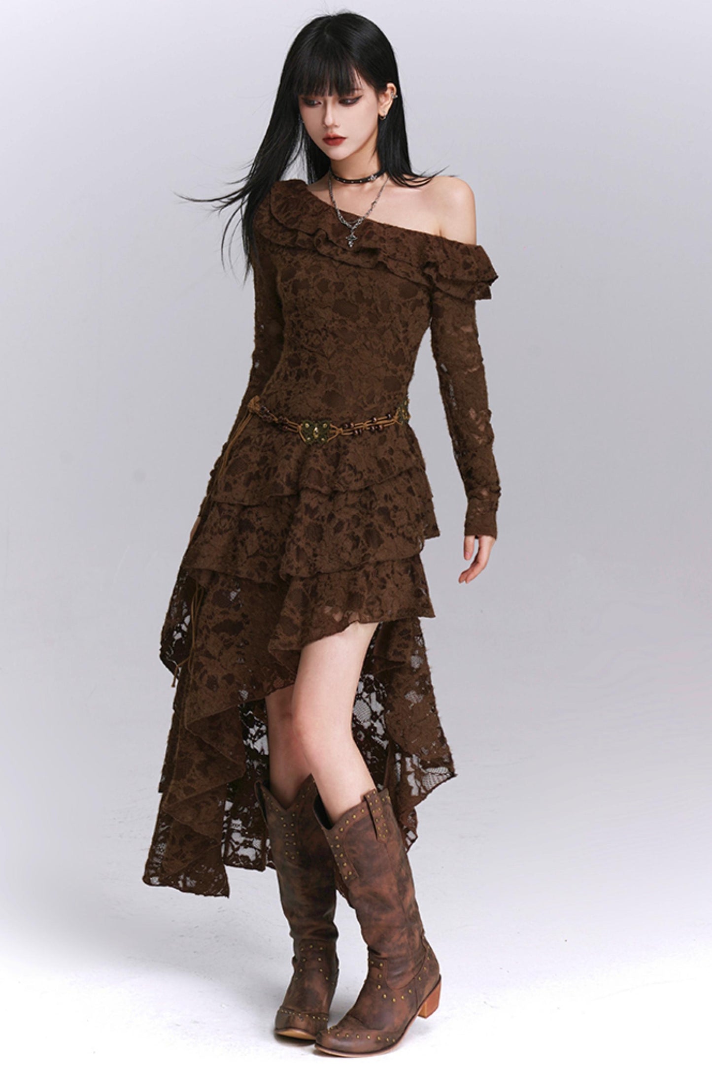 Irregular Brown Lace Off-Shoulder Dress