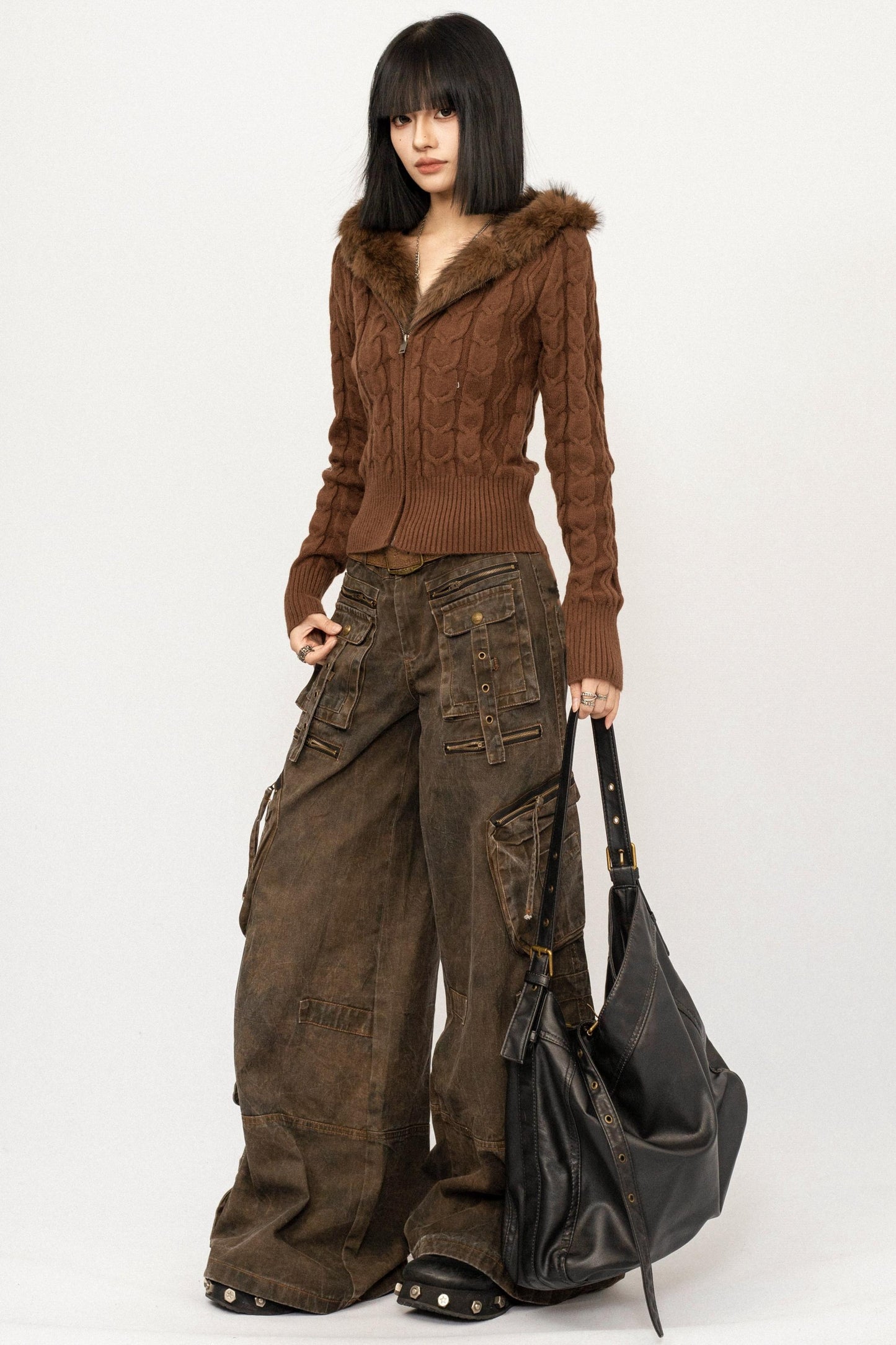 Retro Cable Knit Hooded Cardigan