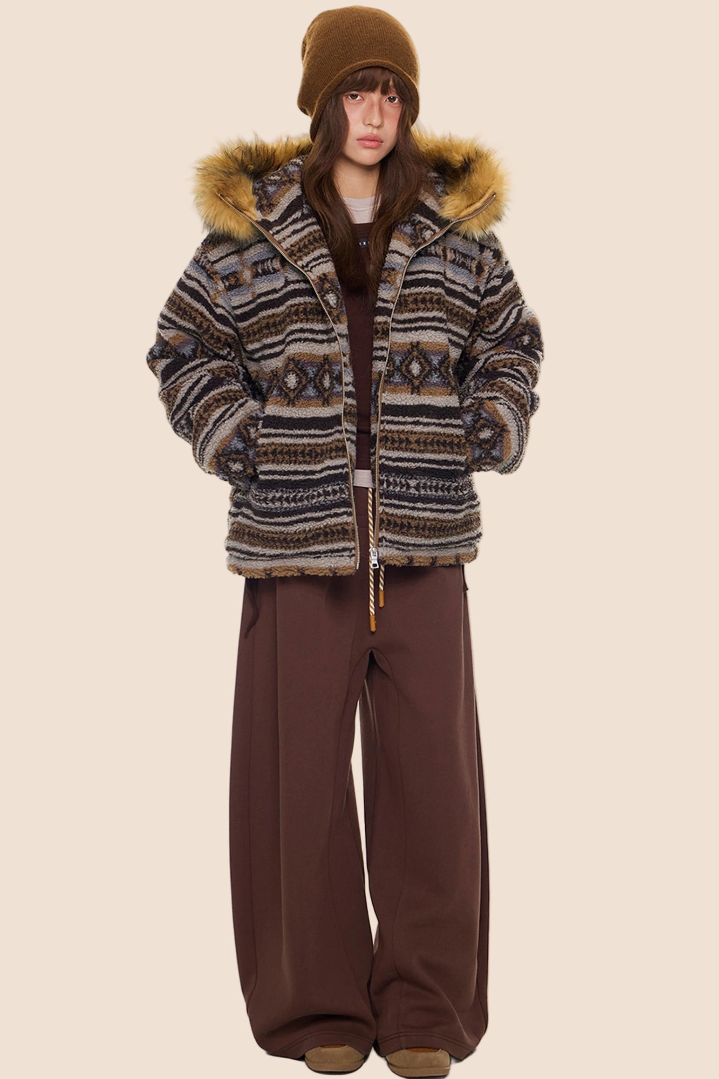 Ethnic Fur Collar Hooded Jacket