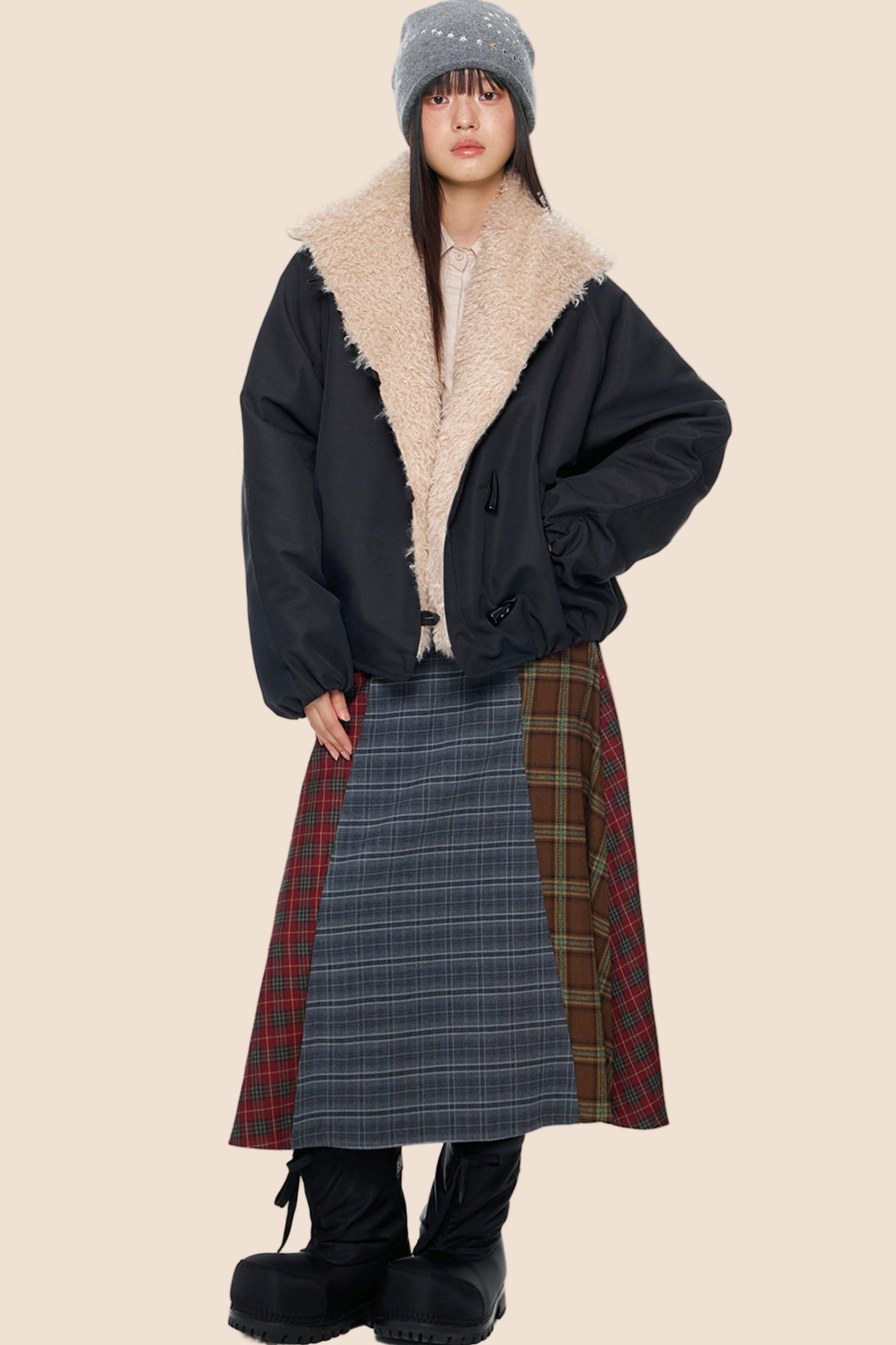 Fur-Trimmed Color-Blocked Coat