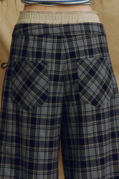 Chic Bow Tie Plaid Wide-Leg Trousers