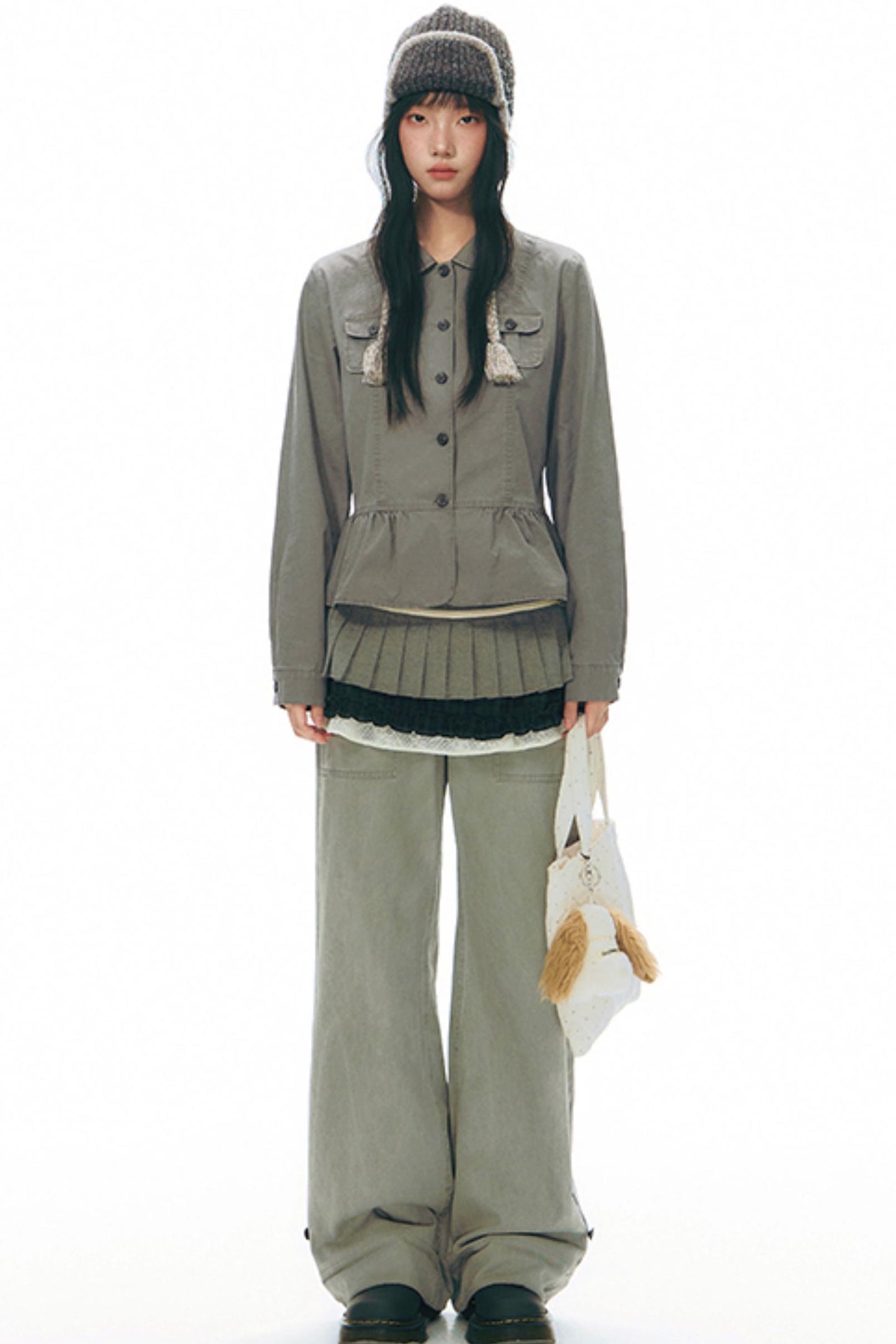 Distressed Doll Collar Cargo Coat