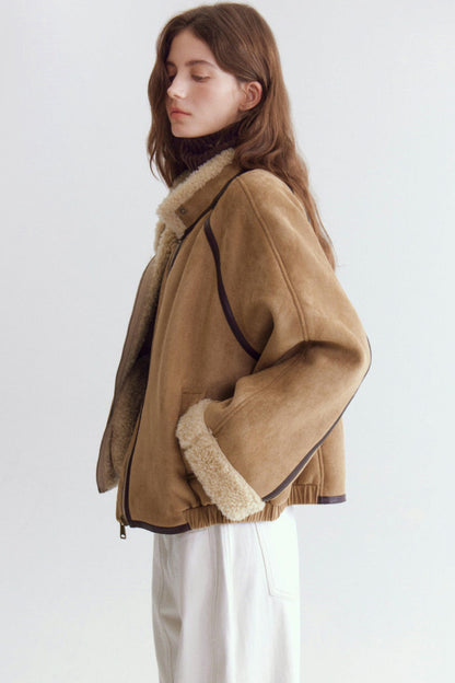 Color-Blocked Suede Shearling Coat
