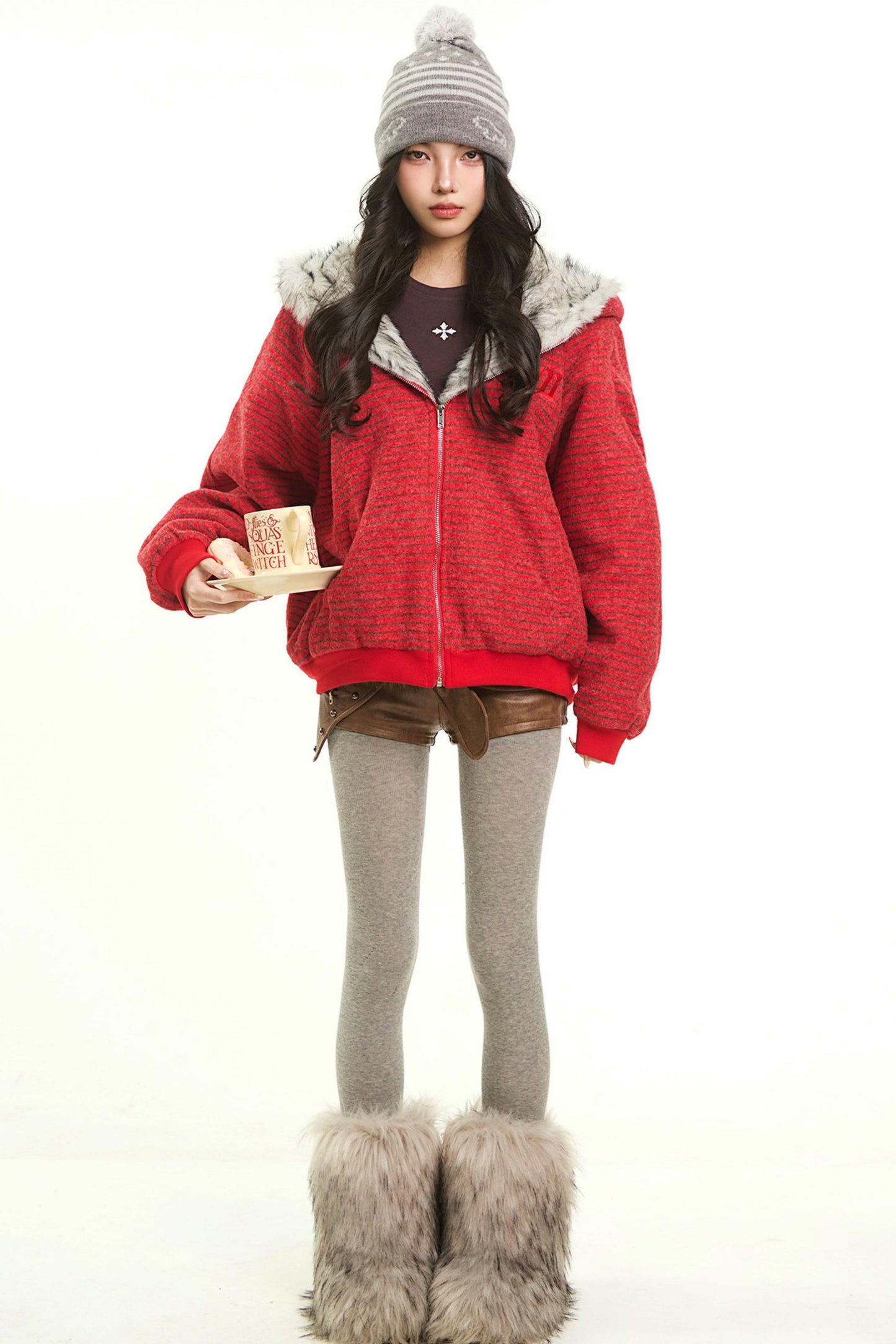 Red Hooded Fur Collar Jacket