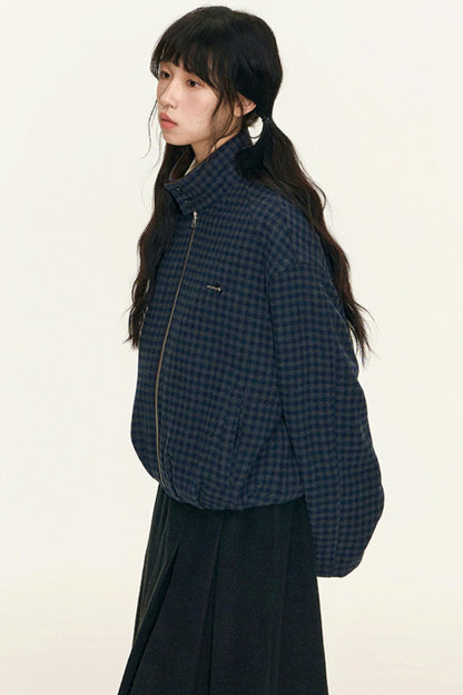 Vintage Suede Plaid Reversible Stand-Up Collar Jacket