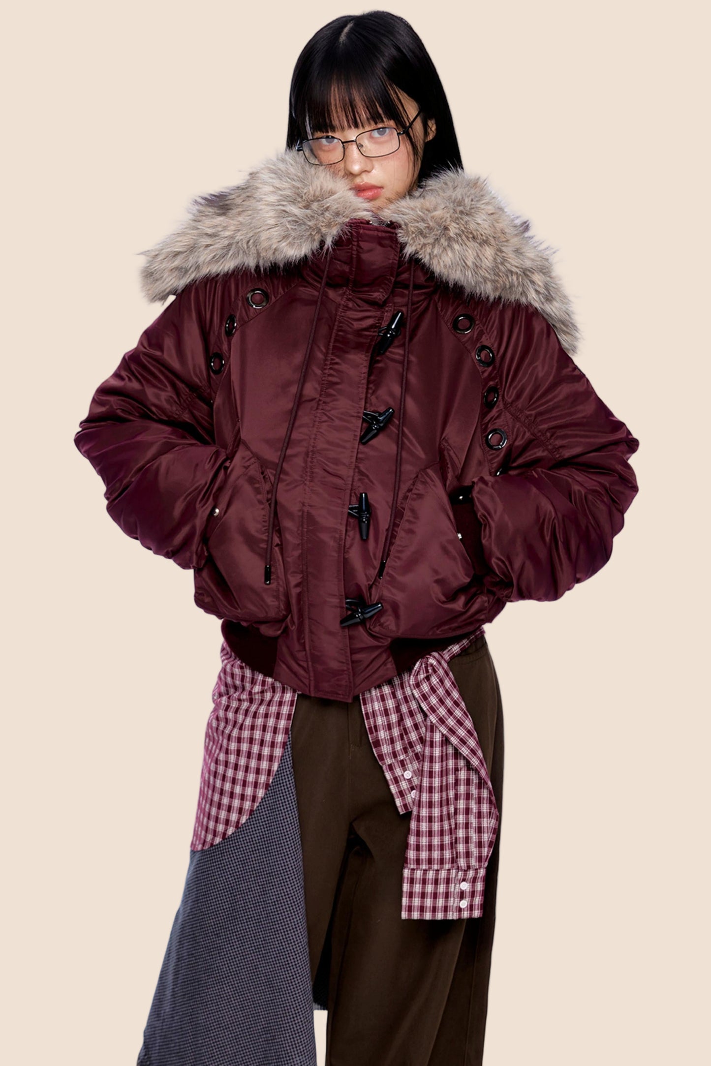 Large Fur Collar Pleated Jacket