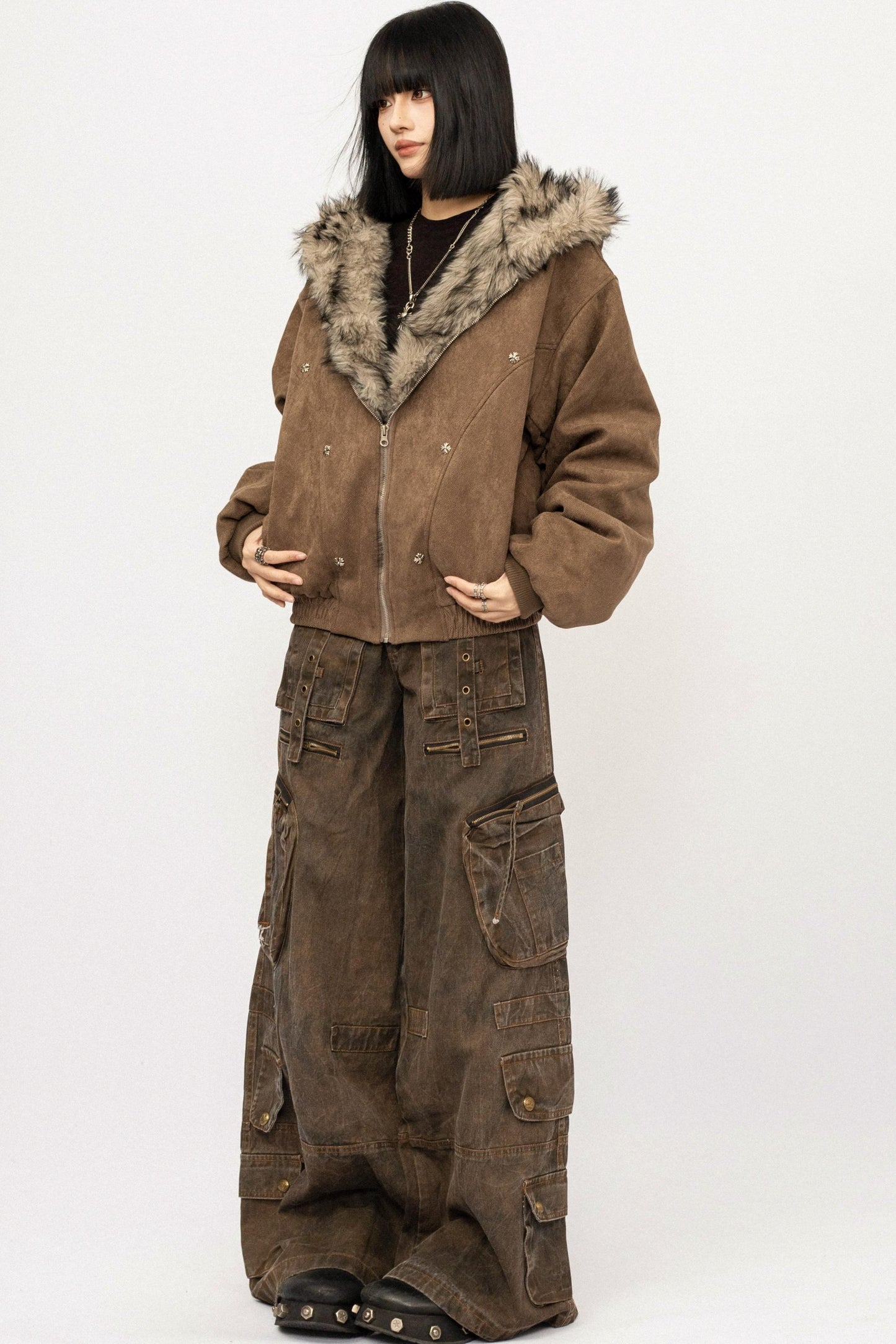 Retro Fur Collar Hooded Jacket