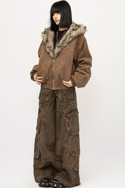Retro Fur Collar Hooded Jacket