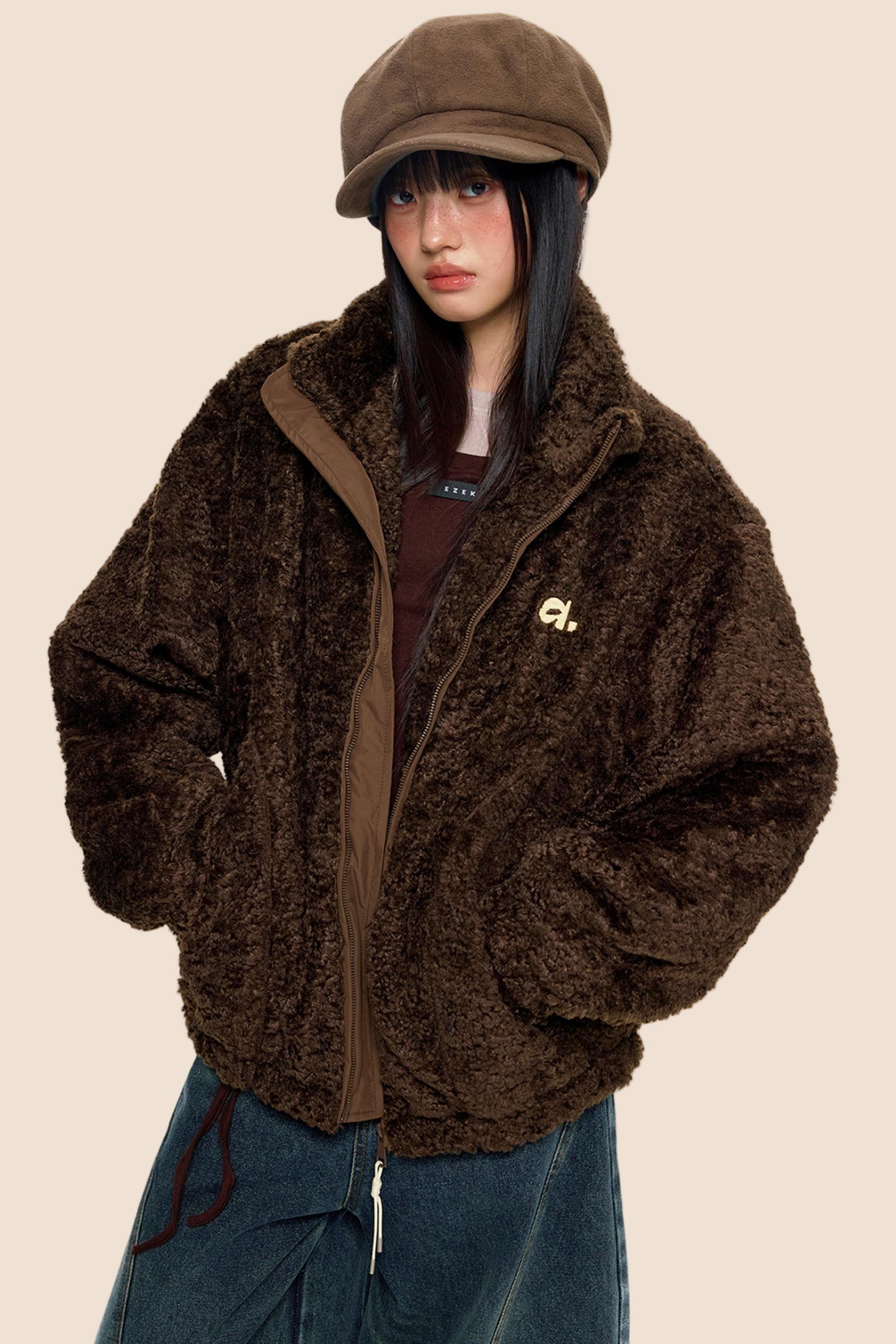 Embroidered Fleece Stand Collar Jacket