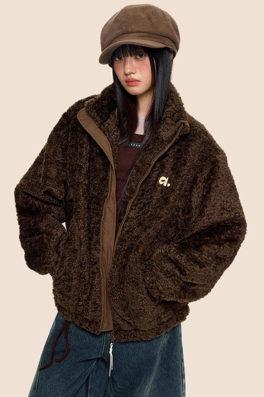 Embroidered Fleece Stand Collar Jacket