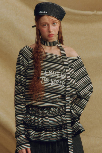 Chic One-Shoulder Striped Lace Top